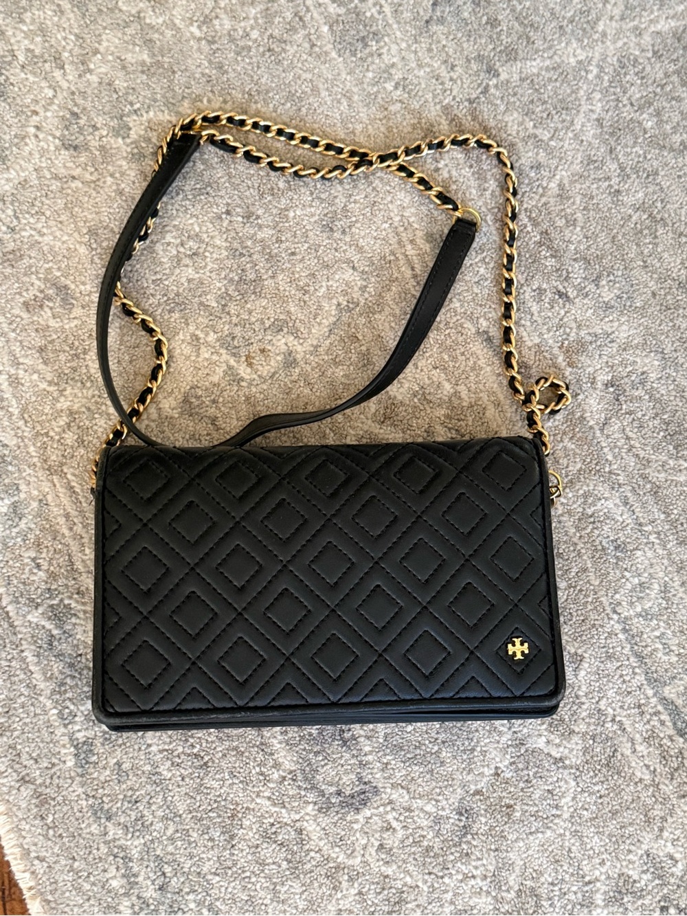 Tory Burch Fleming Quilted Black Leather Convertible Flat Wallet Crossbody Bag